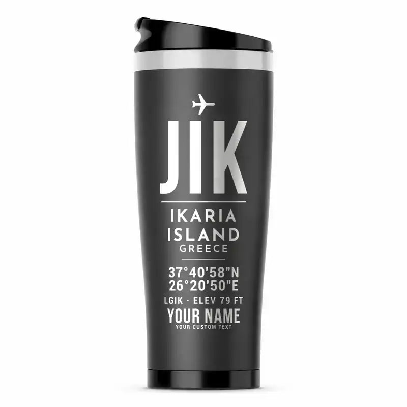 Ikaria Island National Airport (JIK) Travel Mugs - ID Tag + Name - Stainless Steel (No Holder) - Gray