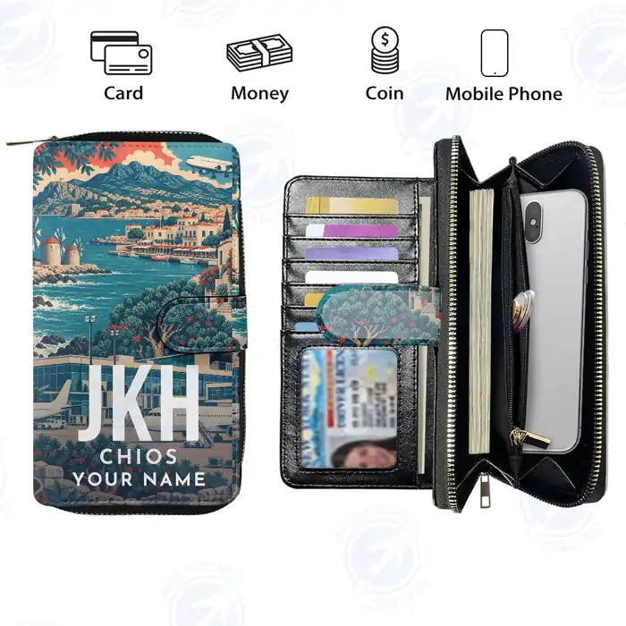 Chios Island National Airport (JKH) Leather Wallets - Zip Long Wallet - Scene + Name