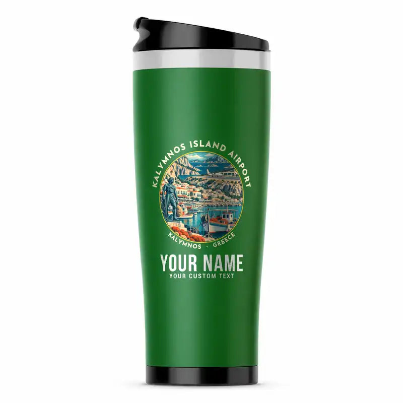 Kalymnos Island National Airport (JKL) Travel Mugs - Badge + Name - Stainless Steel (No Holder) - Green