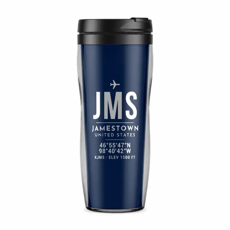 Jamestown Regional Airport (JMS) Travel Mugs - ID Tag - Plastic (No Holder) - Dark Blue