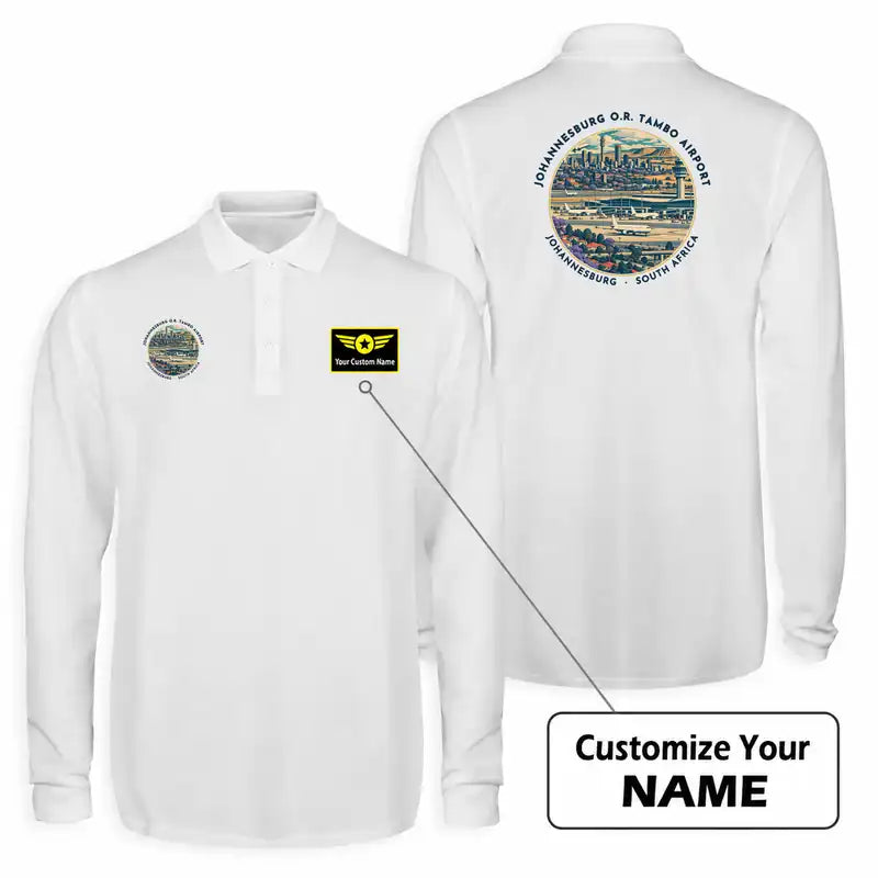 Johannesburg O.R. Tambo International Airport (JNB) Premium Polo T-Shirts - Badge + Name - Long Sleeve - White