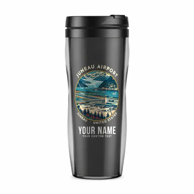 Juneau International Airport (JNU) Travel Mugs - Badge + Name - Plastic (No Holder) - Gray