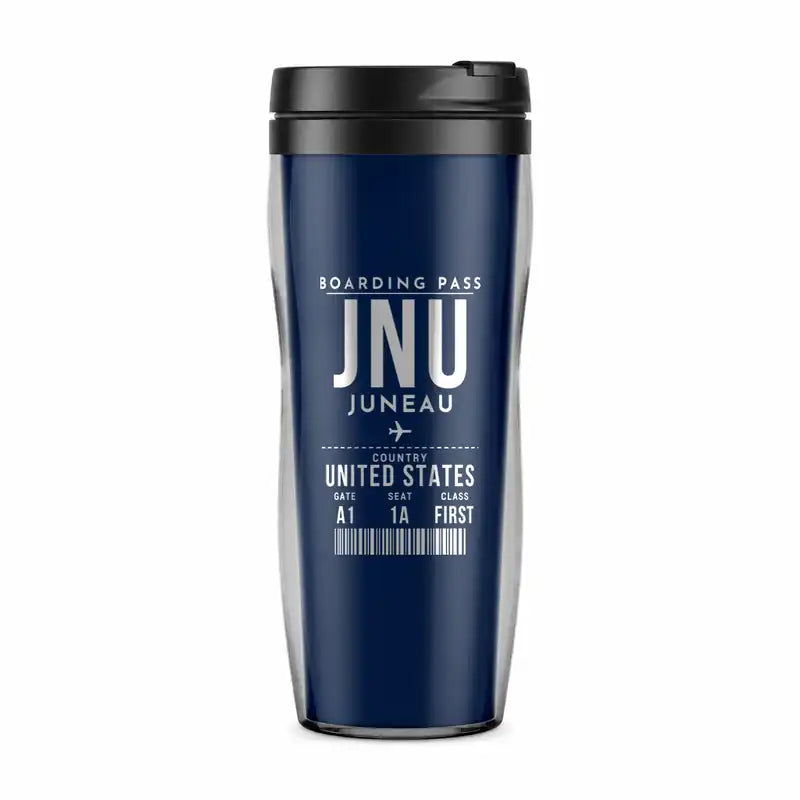 Juneau International Airport (JNU) Travel Mugs - Boarding Pass - Plastic (No Holder) - Dark Blue