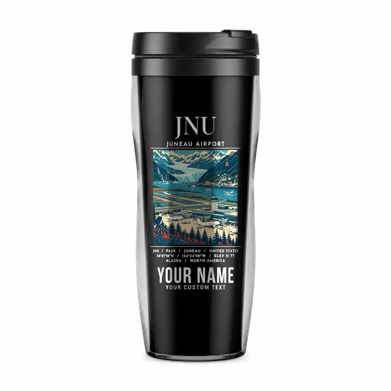 Juneau International Airport (JNU) Travel Mugs - Poster + Name - Plastic (No Holder) - Black