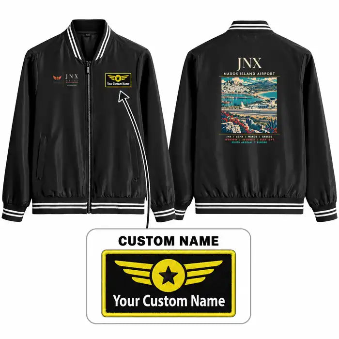 Naxos Island National Airport (JNX) Stylish Jackets - Baseball Collar - Poster + Name - Black