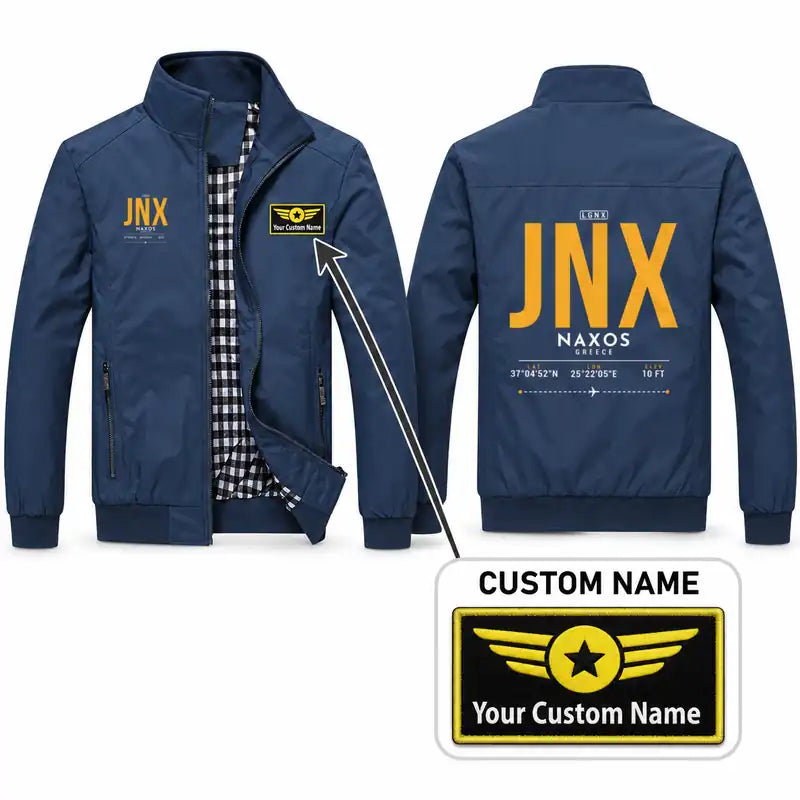Naxos Island National Airport (JNX) Stylish Jackets - Stand Collar - Tag + Name - Navy Blue