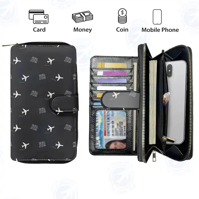 Santorini Airport (JTR) Leather Wallets - Zip Long Wallet - Pattern - Black