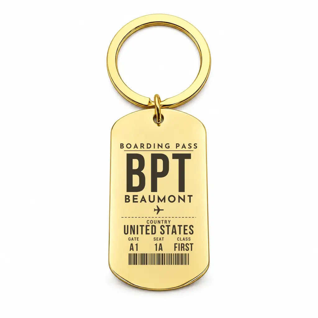 Jack Brooks Regional Airport BPT - Key Chain - Boarding Pass Style - Gold