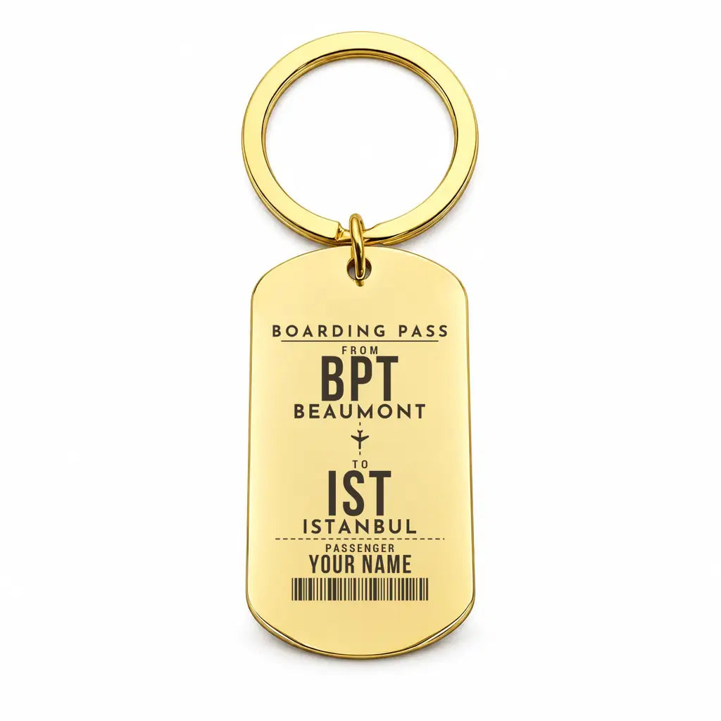 Jack Brooks Regional Airport BPT - Key Chain - Customizable Boarding Pass - Gold