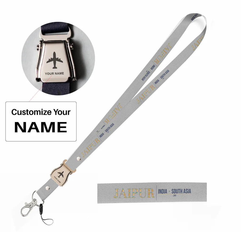 Jaipur City Series seat belt lanyard - light gray with name