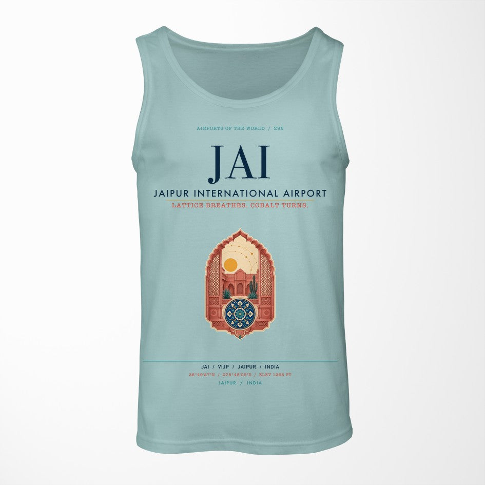 Jaipur International Airport (JAI) design on light green tank top