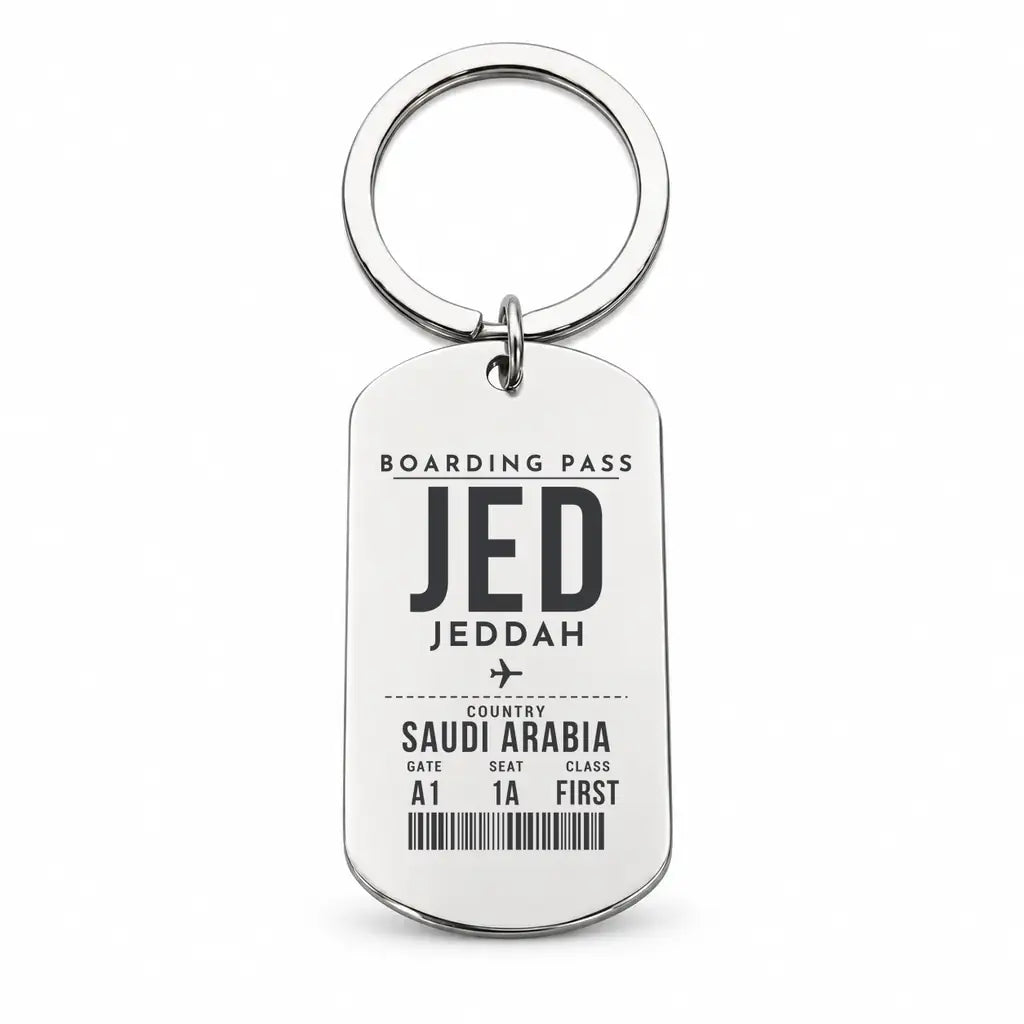 Jeddah King Abdulaziz International Airport JED - Key Chain - Boarding Pass Style - Silver