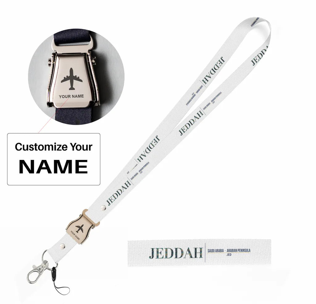 Jeddah City Series seat belt lanyard - white with name