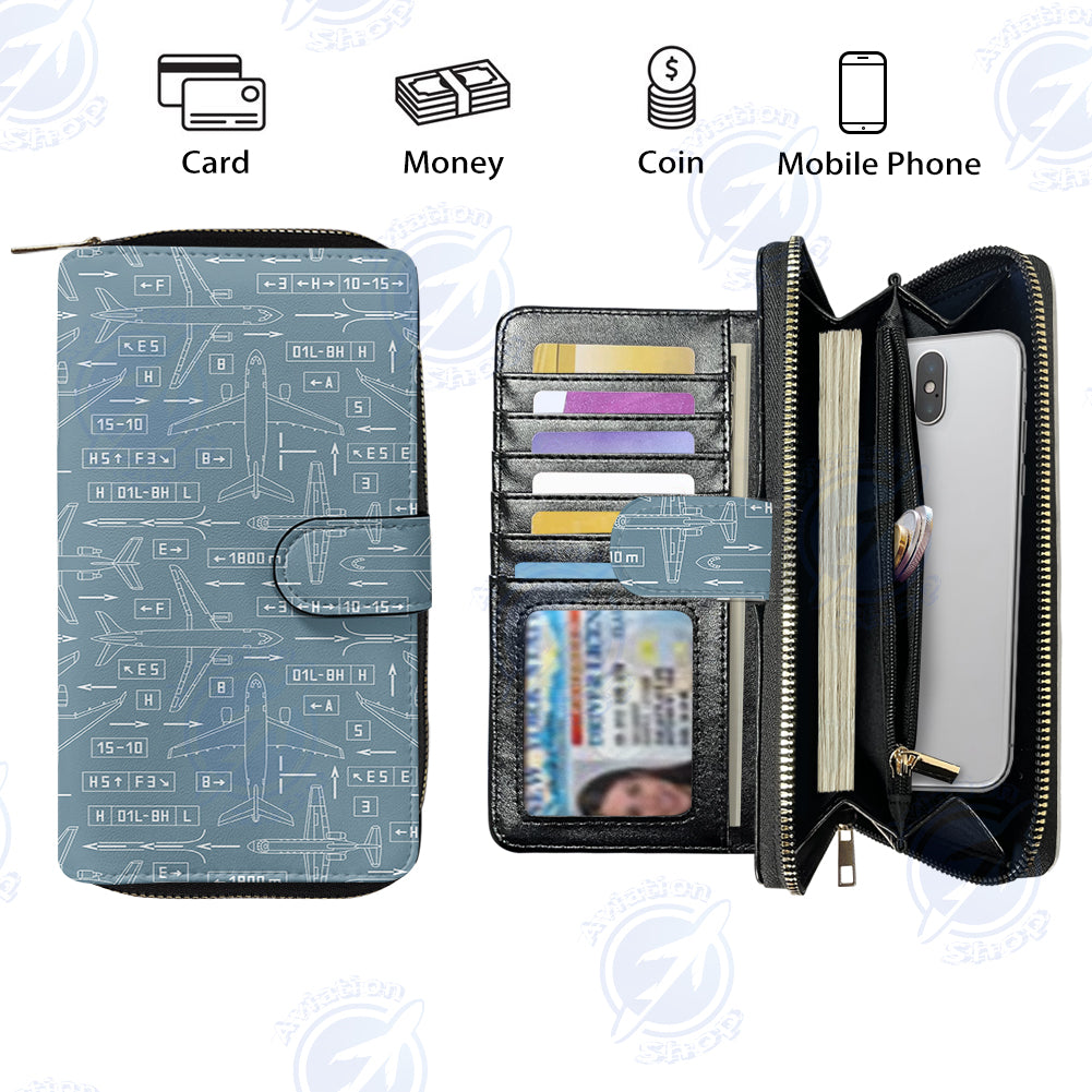 Jet Planes & Airport Signs Designed Leather Long Zipper Wallets