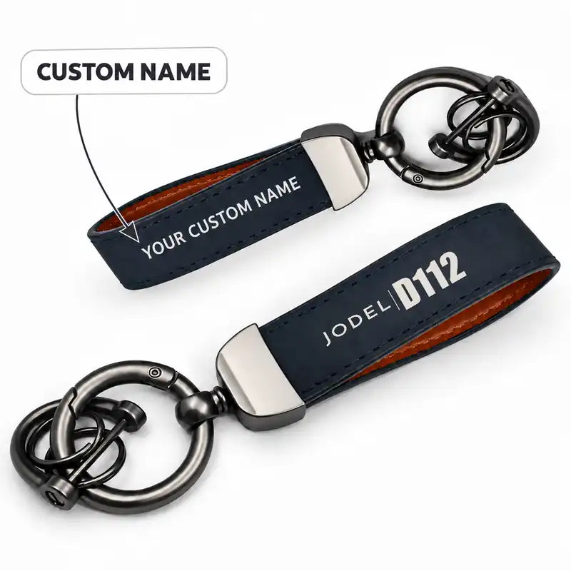 Jodel D.112 - Leather Key Chain - Horseshoe Buckle - Tag - Navy Blue + Name