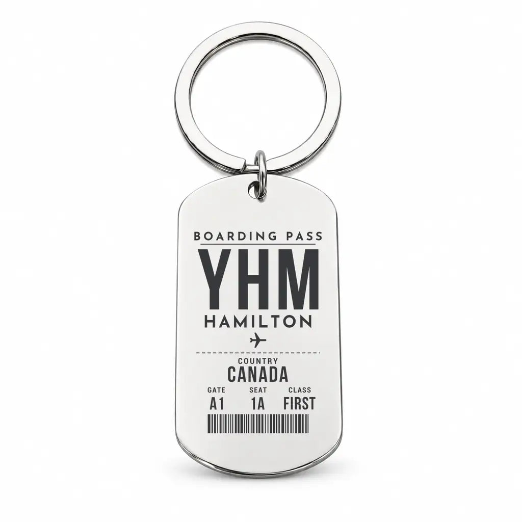 John C. Munro Hamilton International Airport YHM - Key Chain - Boarding Pass Style - Silver