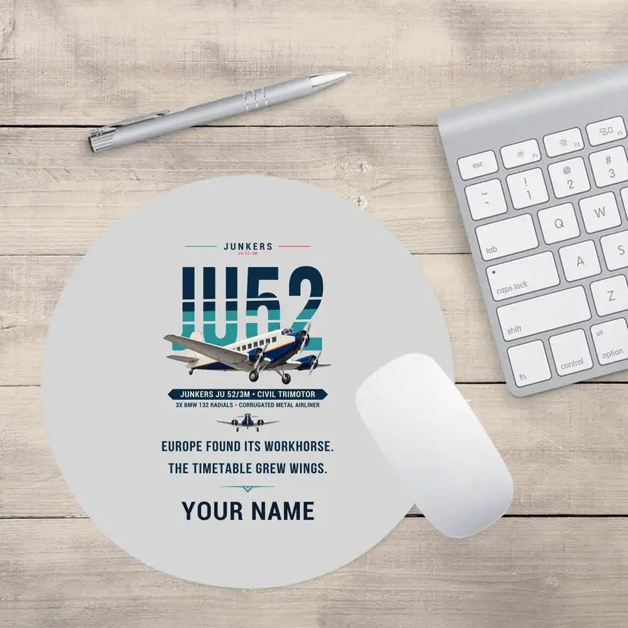 Junkers Ju 52-3m - Original + Name - Round Mouse Pad - Light Gray