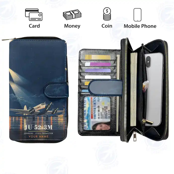 Junkers Ju 52-3m Leather Wallets - Zip Long Wallet - 3D + Name
