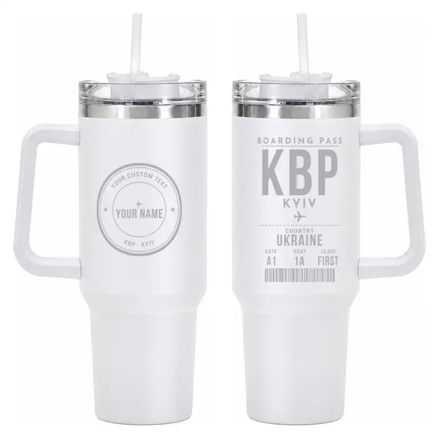 Boryspil International Airport (KBP) Stainless Steel Mugs - Boarding Pass + Custom Back - 40oz Car Mug - White
