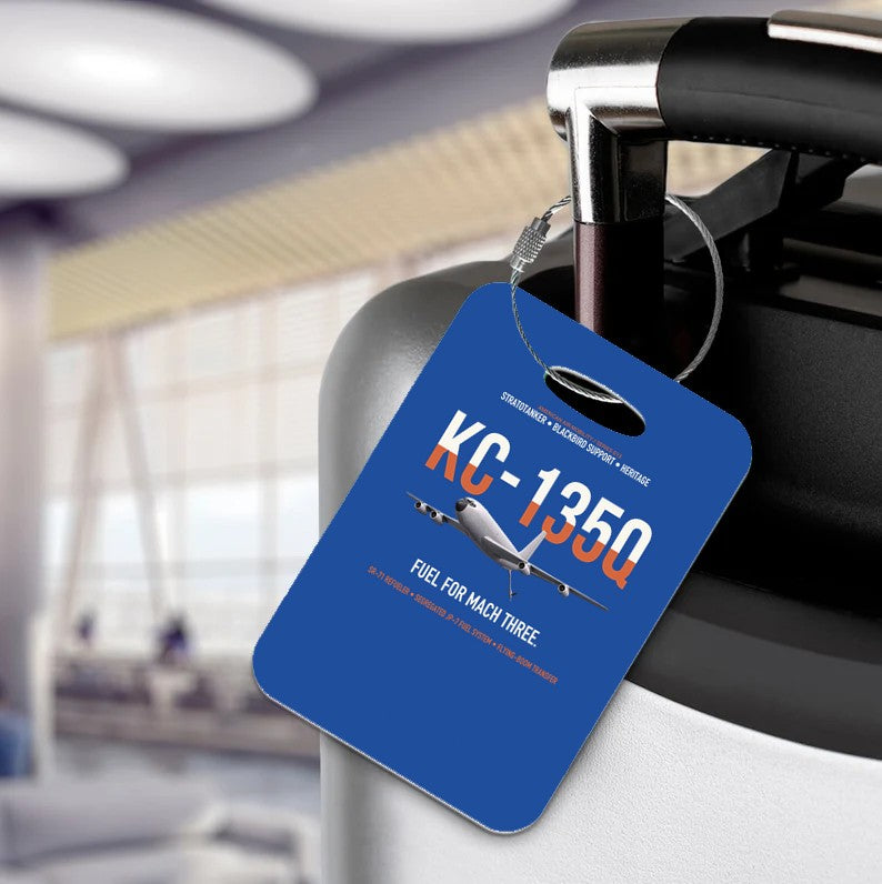 KC-135Q Blackbird Tanker design on blue acrylic luggage tags, double-side print