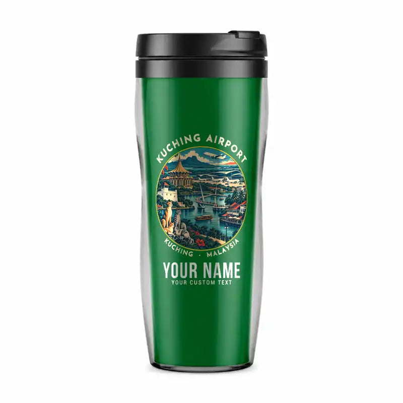 Kuching International Airport (KCH) Travel Mugs - Badge + Name - Plastic (No Holder) - Green