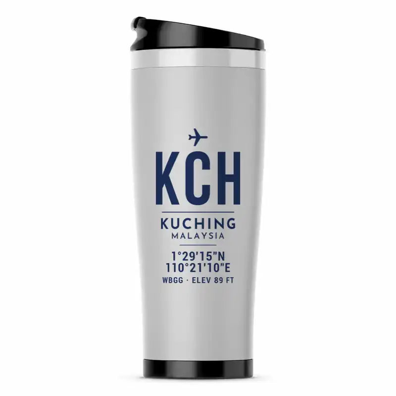 Kuching International Airport (KCH) Travel Mugs - ID Tag - Stainless Steel (No Holder) - Light Gray
