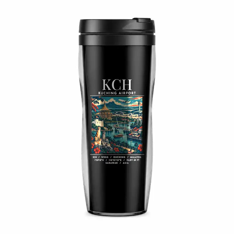 Kuching International Airport (KCH) Travel Mugs - Poster - Plastic (No Holder) - Black