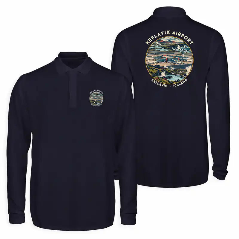Keflavík Airport (KEF) Premium Polo T-Shirts - Badge - Long Sleeve - Dark Blue