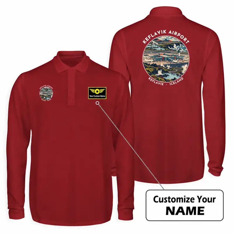 Keflavík Airport (KEF) Premium Polo T-Shirts - Badge + Name - Long Sleeve - Dark Red