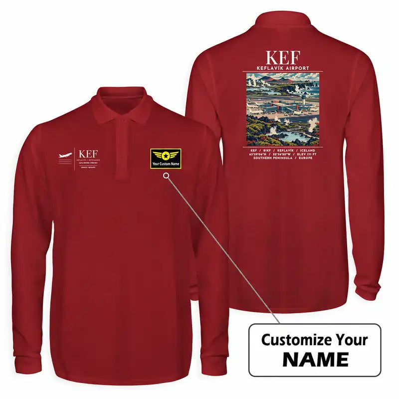 Keflavík Airport (KEF) Premium Polo T-Shirts - Poster + Name - Long Sleeve - Dark Red