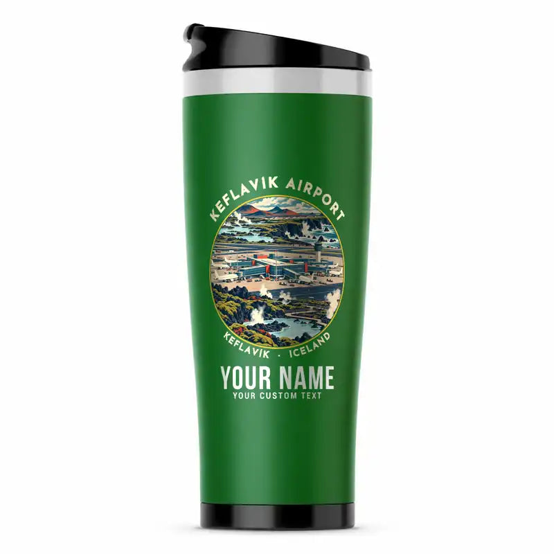 Keflavík Airport (KEF) Travel Mugs - Badge + Name - Stainless Steel (No Holder) - Green