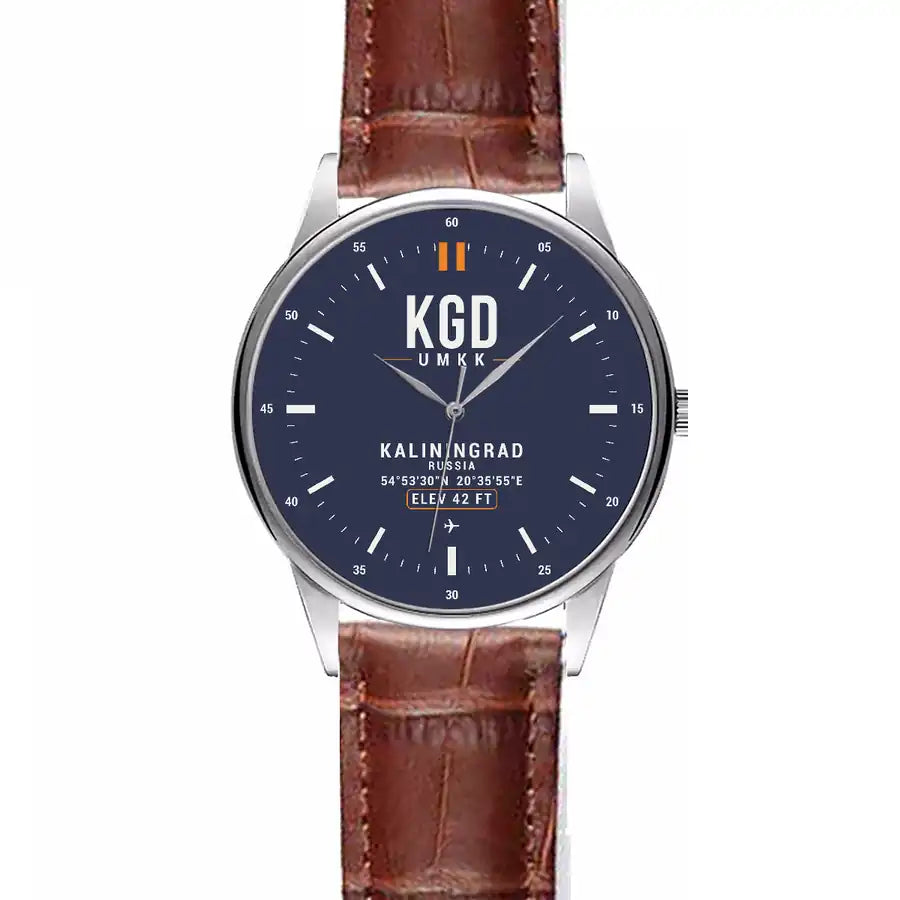 Kaliningrad Khrabrovo Airport (KGD) Aviator Watches - Classic - Navy Blue - Leather Strap - Striped Brown Leather Strap