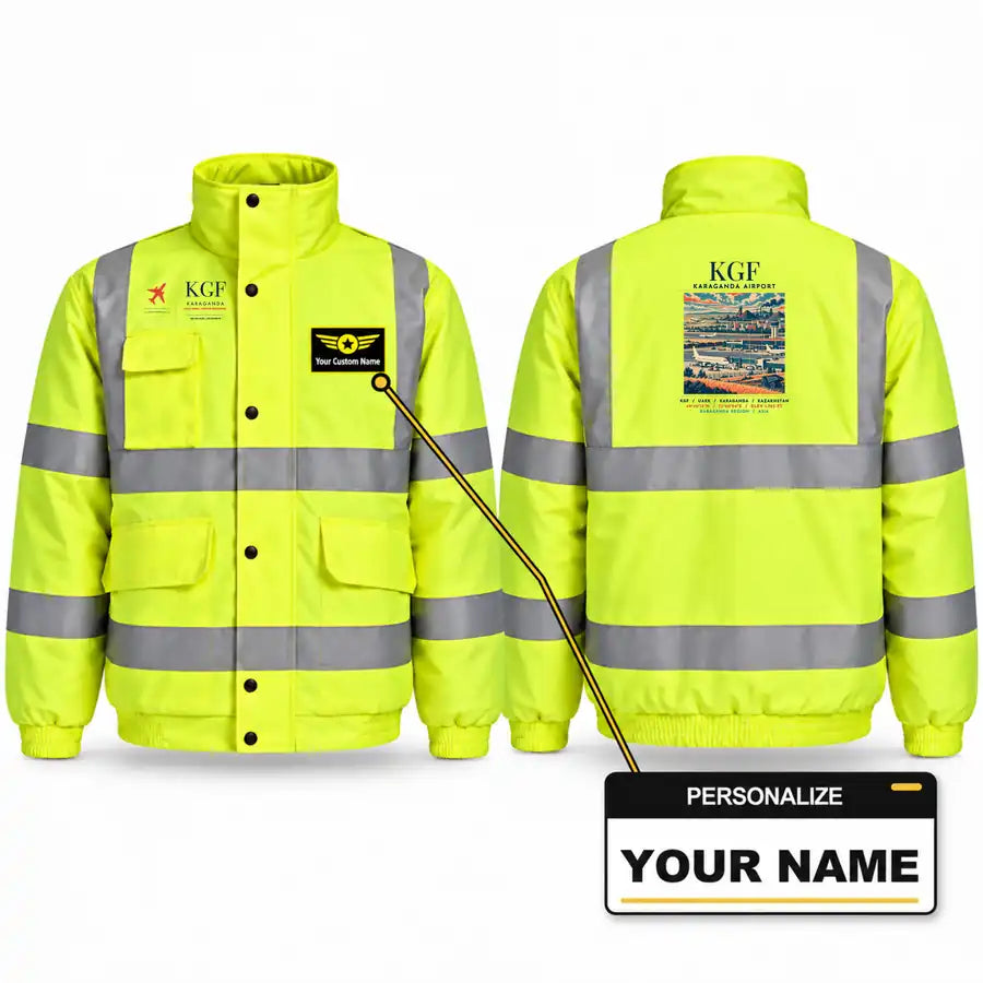 Sary-Arka Airport (KGF) Reflective Winter Jackets - Poster + Name - Fluorescent Yellow