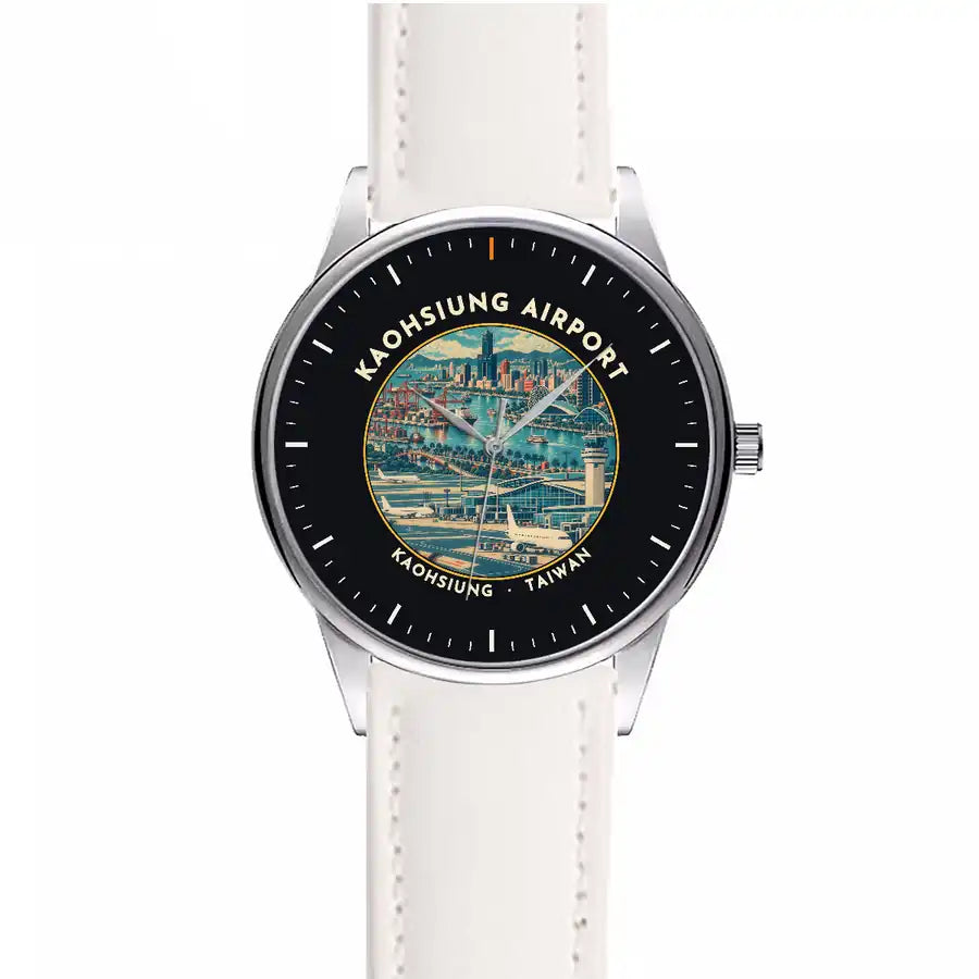 Kaohsiung International Airport (KHH) Aviator Watches - Badge - Leather Strap - White Leather Strap