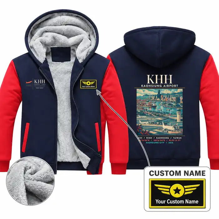 Kaohsiung International Airport (KHH) Zipped Sweatshirts - Poster + Name - Navy & Red
