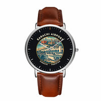 Thumbnail for Jinnah International Airport Karachi (KHI) Aviator Watches - Badge - Slim Leather - Silver & Brown Leather Strap