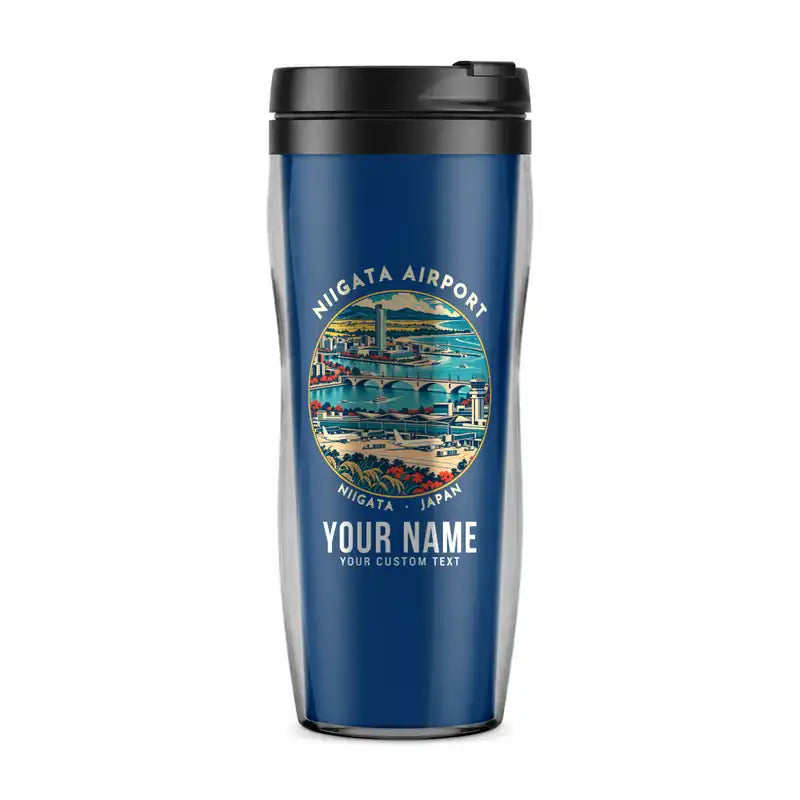 Niigata Airport (KIJ) Travel Mugs - Badge + Name - Plastic (No Holder) - Blue