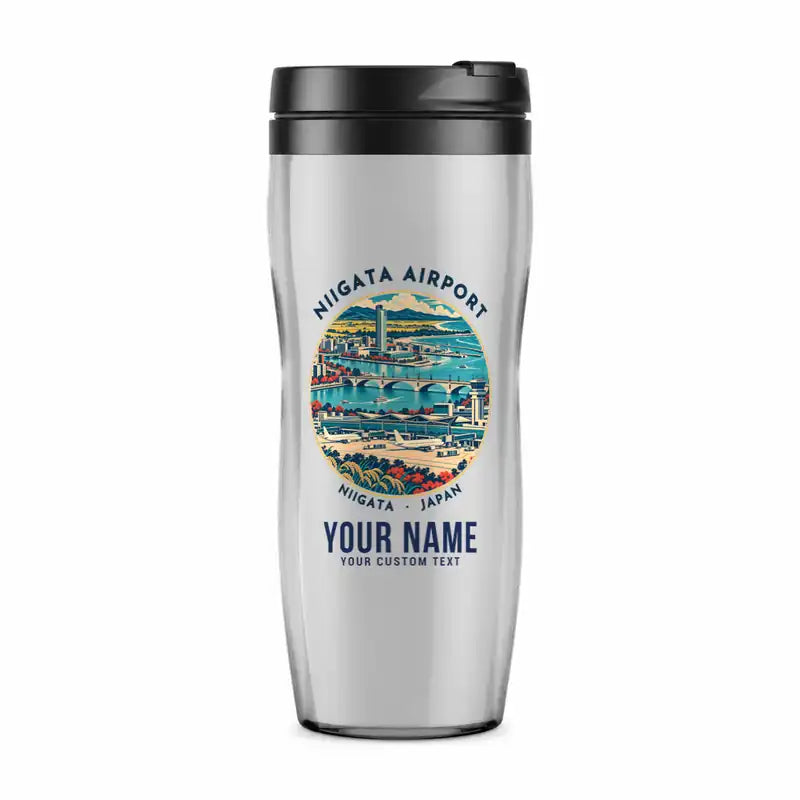 Niigata Airport (KIJ) Travel Mugs - Badge + Name - Plastic (No Holder) - Light Gray