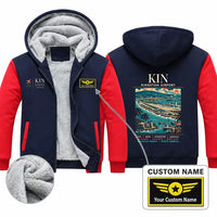 Thumbnail for Norman Manley International Airport (KIN) Zipped Sweatshirts - Poster + Name - Navy & Red