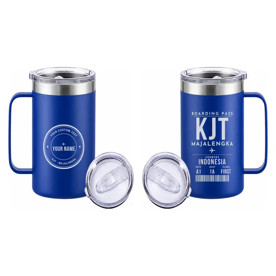 Kertajati International Airport (KJT) Stainless Steel Mugs - Boarding Pass + Custom Back - Stainless Steel Mug - 24 oz / 700ML - Blue