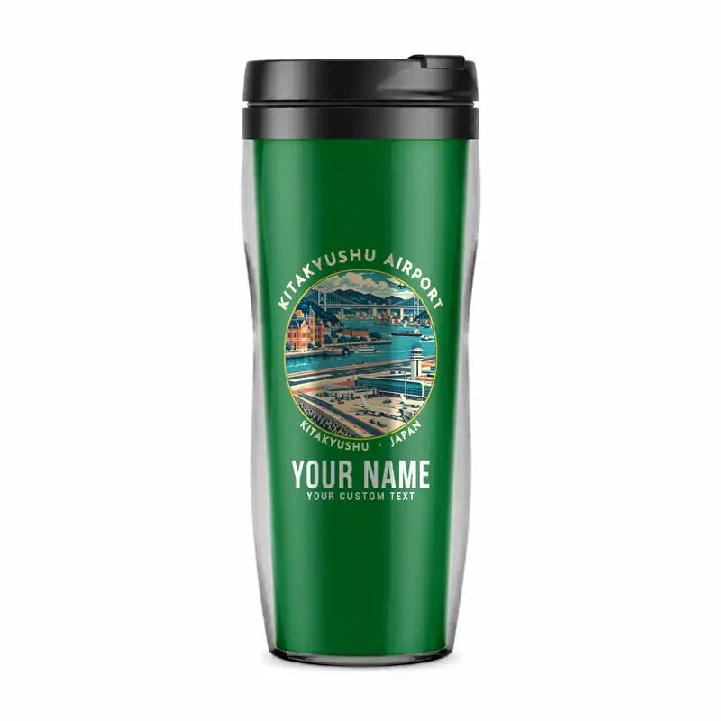 Kitakyushu Airport (KKJ) Travel Mugs - Badge + Name - Plastic (No Holder) - Green