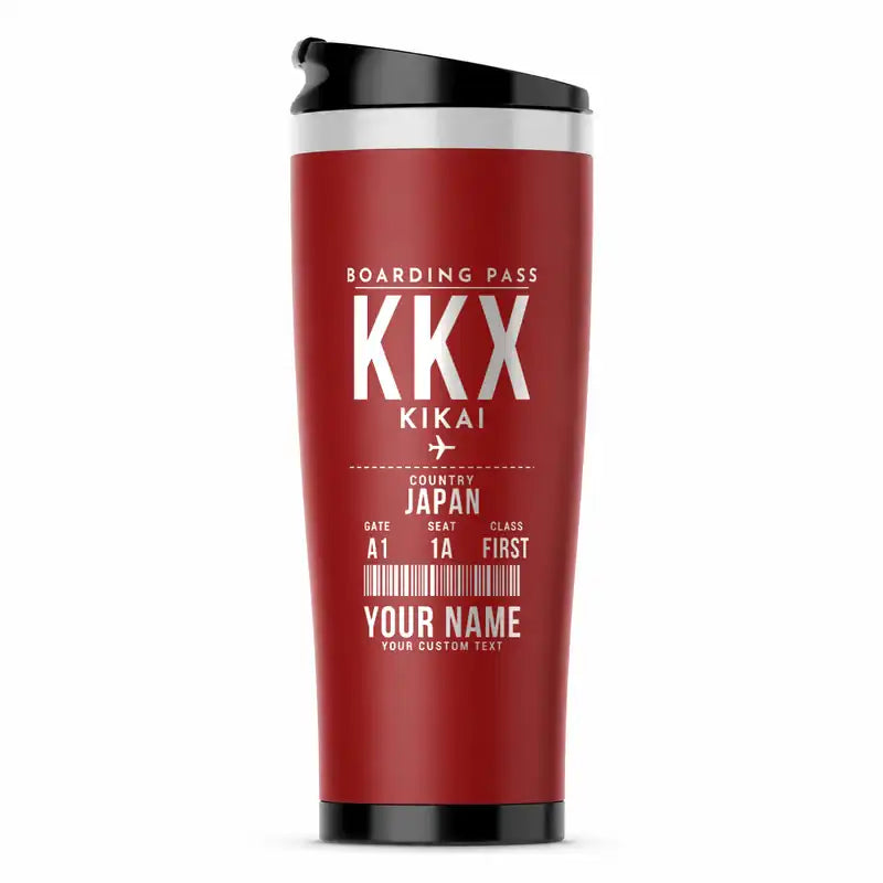 Kikaiga Shima Airport (KKX) Travel Mugs - Boarding Pass + Name - Stainless Steel (No Holder) - Red