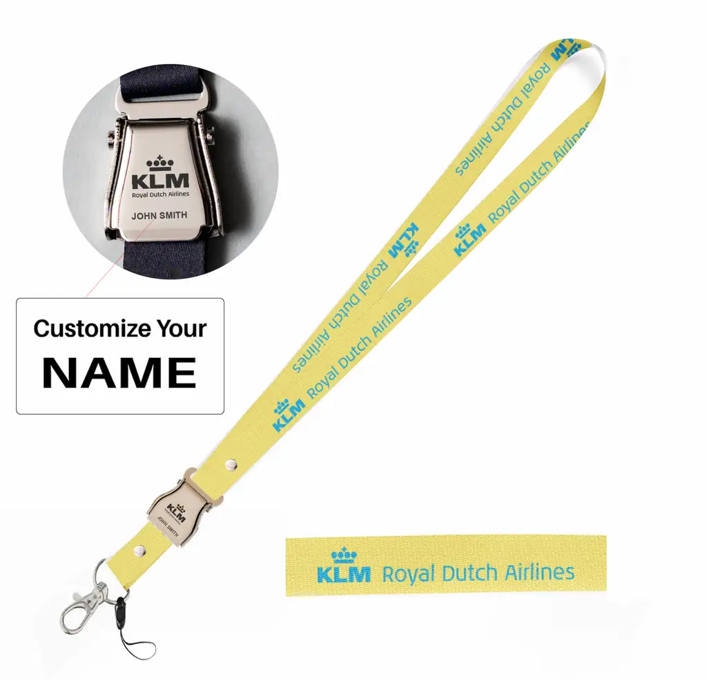 KLM Royal Dutch Airlines seat belt lanyard - yellow with name