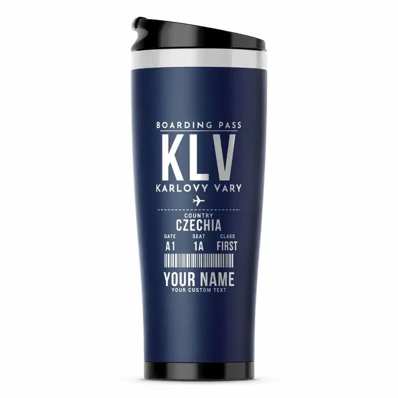 Karlovy Vary Airport (KLV) Travel Mugs - Boarding Pass + Name - Stainless Steel (No Holder) - Dark Blue