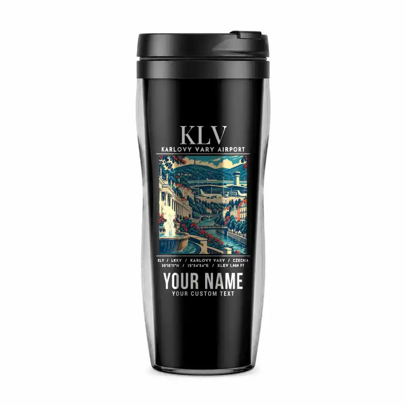 Karlovy Vary Airport (KLV) Travel Mugs - Poster + Name - Plastic (No Holder) - Black