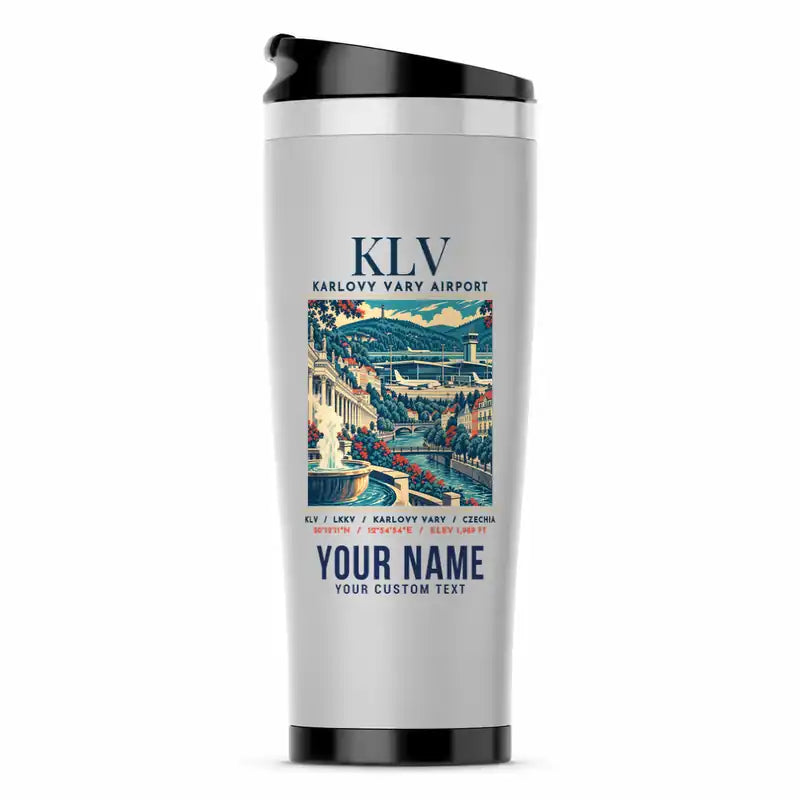 Karlovy Vary Airport (KLV) Travel Mugs - Poster + Name - Stainless Steel (No Holder) - Light Gray