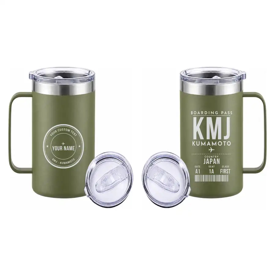 Aso Kumamoto Airport (KMJ) Stainless Steel Mugs - Boarding Pass + Custom Back - Stainless Steel Mug - 24 oz / 700ML - Army Green
