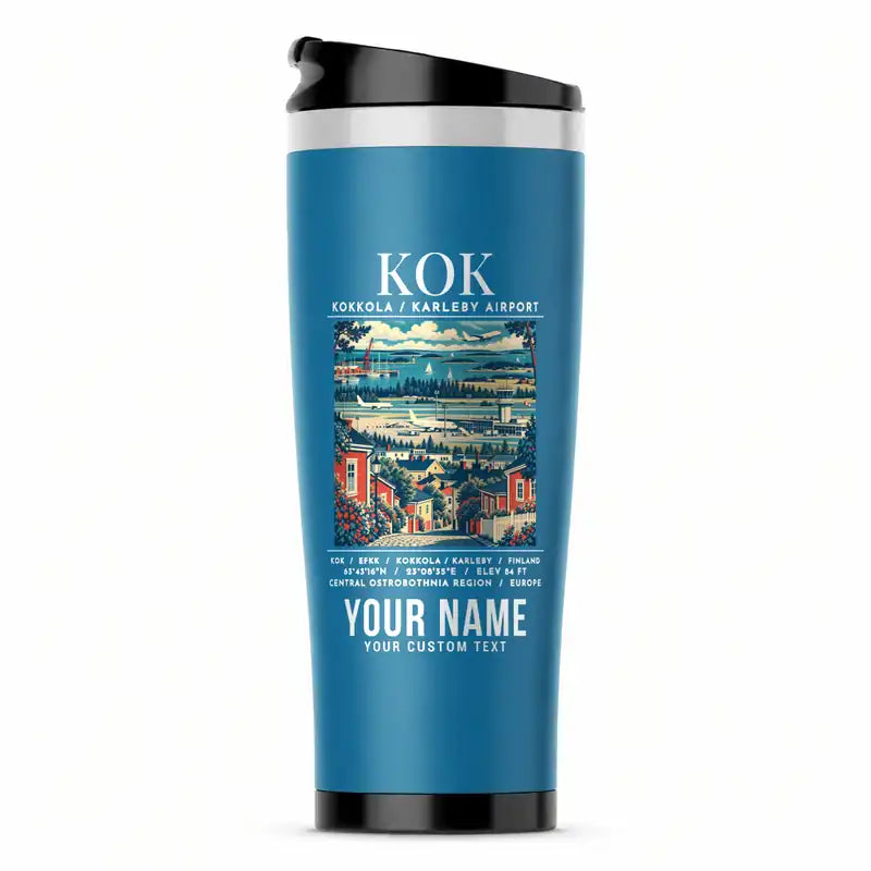 Kokkola-Pietarsaari Airport (KOK) Travel Mugs - Poster + Name - Stainless Steel (No Holder) - Light Blue