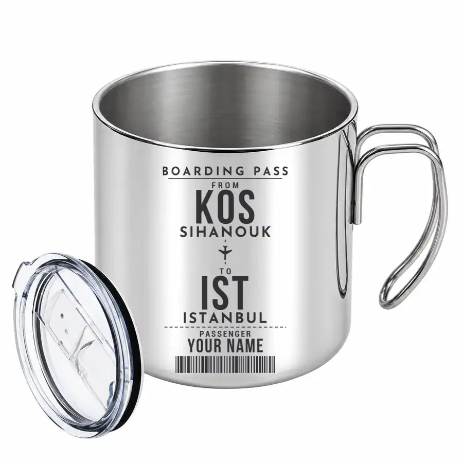 Sihanouk International Airport Sihanoukville (KOS) Stainless Steel Mugs - Customizable Boarding Pass - Portable Mug - Silver