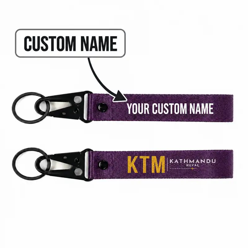 Tribhuvan International Airport Kathmandu (KTM) Hawk-Shaped Key Chains - Hawk Key Chain - Tag - Purple + NAME